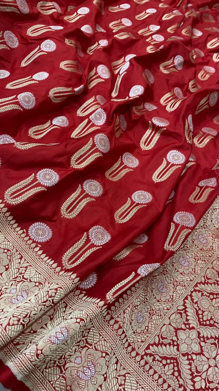 Red Color Pure Katan By Katan Kadhwa Weaved Silk Saree With Meenakari Work