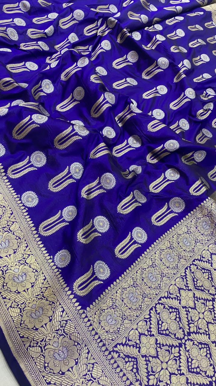 Blue Color Pure Katan By Katan Kadhwa Weaved Silk Saree With Meenakari Work