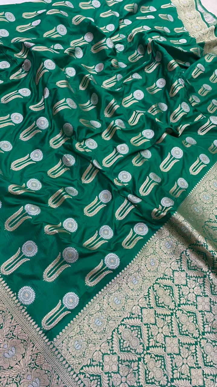Green Color Pure Katan By Katan Kadhwa Weaved Silk Saree With Meenakari Work