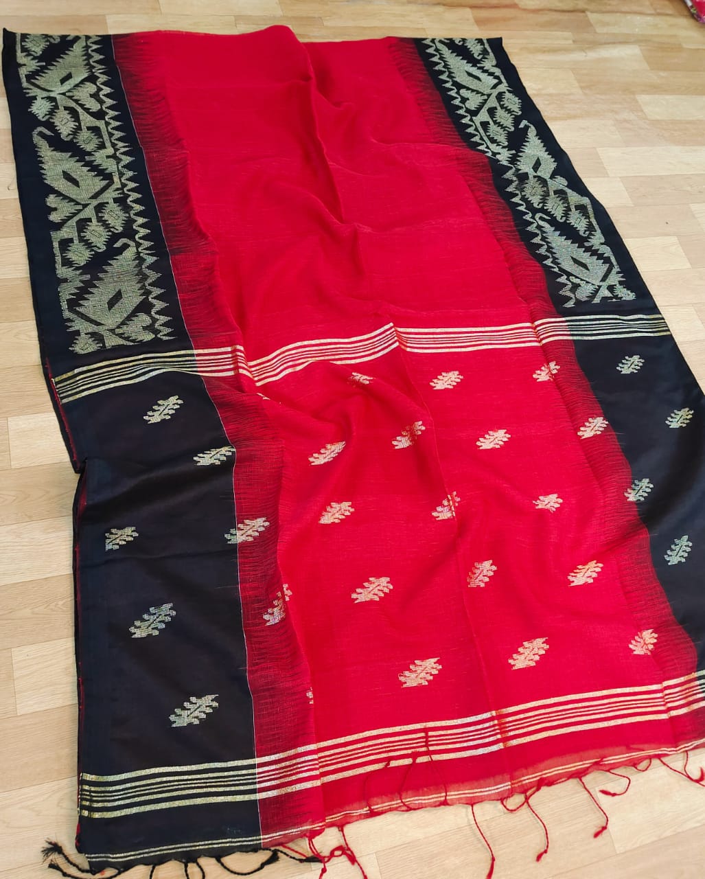 Jamdani Linen By Linen Yarn made saree With Ikkat weaving