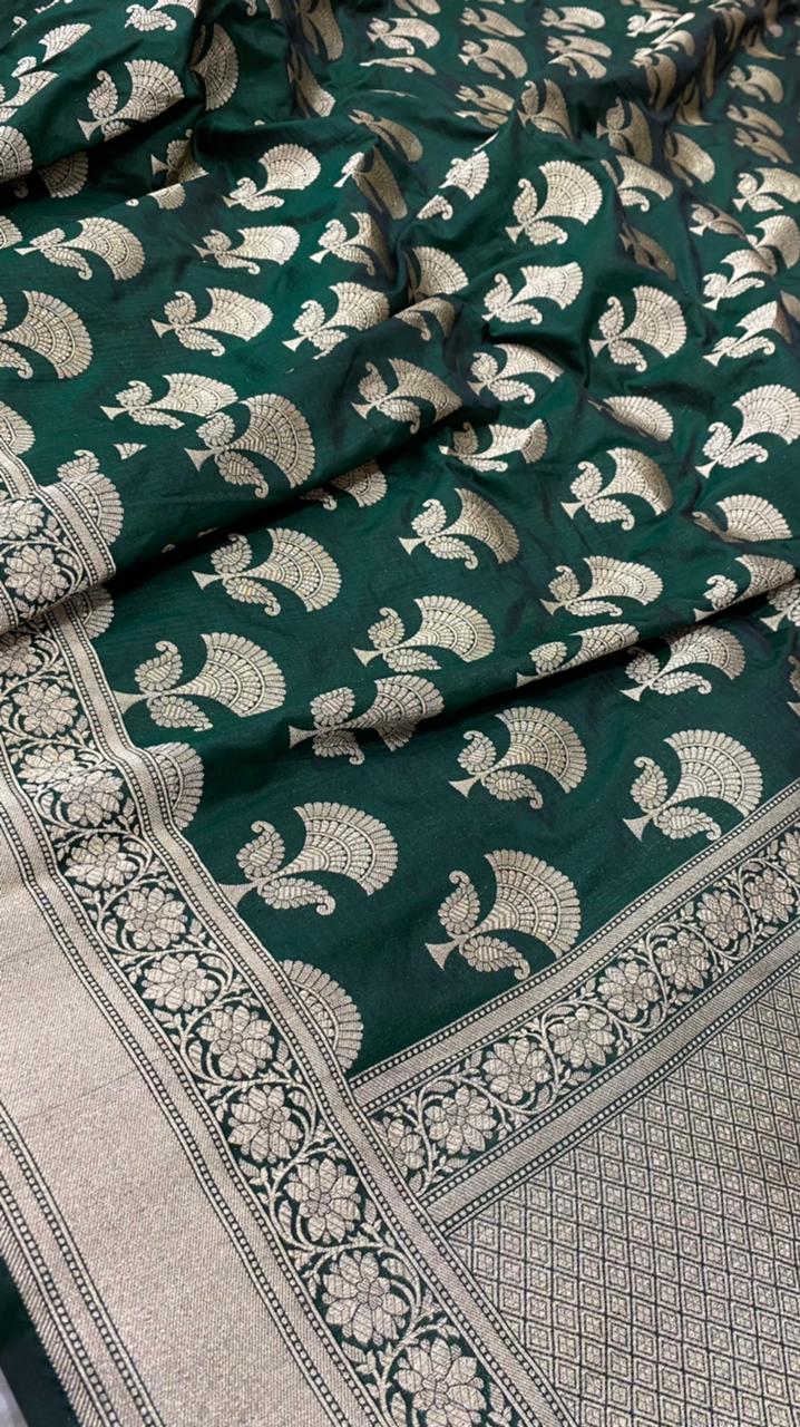Bottle Green Color Pure Katan By Katan Kadhwa Weaved Silk Saree With Meenakari Work