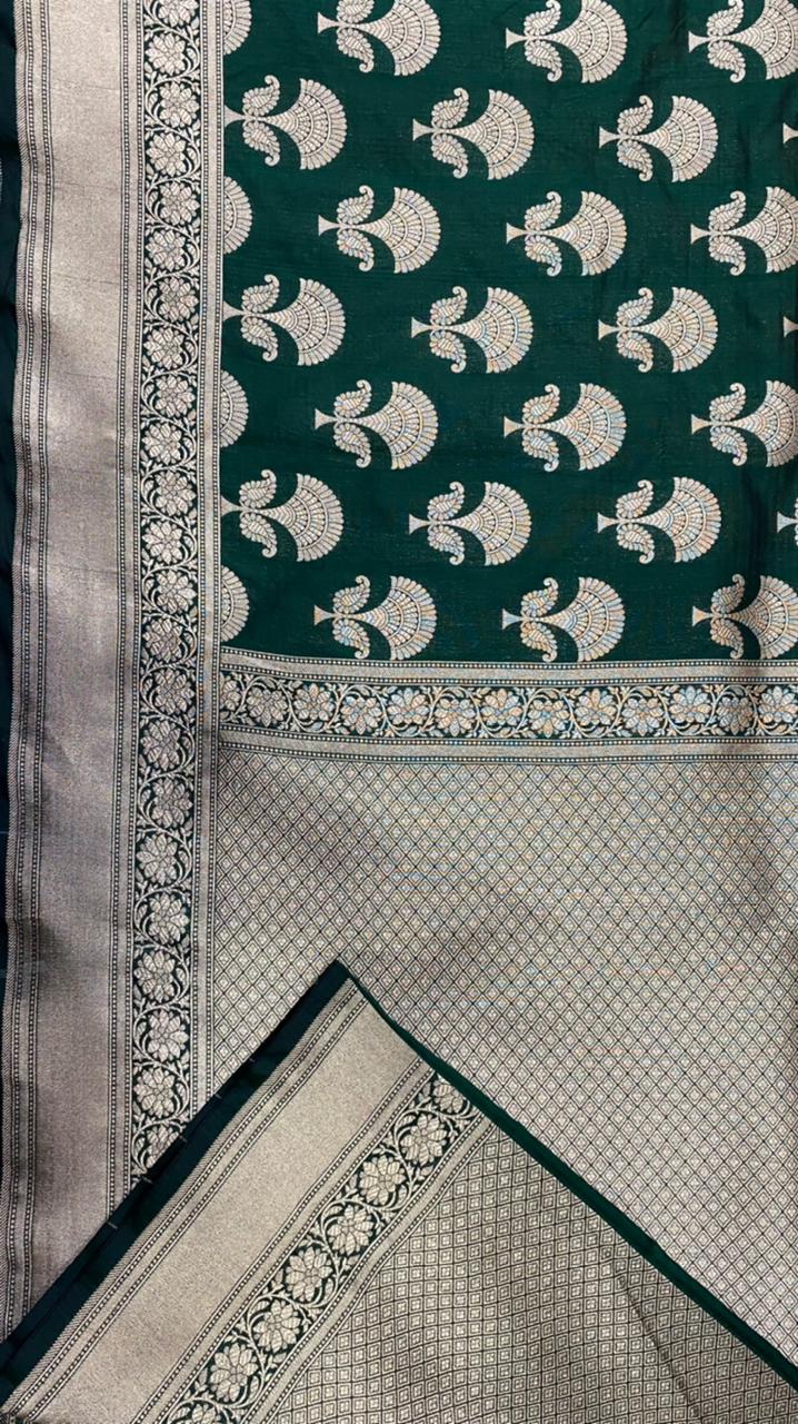 Bottle Green Color Pure Katan By Katan Kadhwa Weaved Silk Saree With Meenakari Work