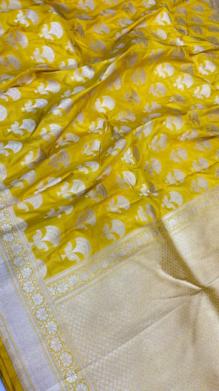 Gold Yellow Color Pure Katan By Katan Kadhwa Weaved Silk Saree With Meenakari Work