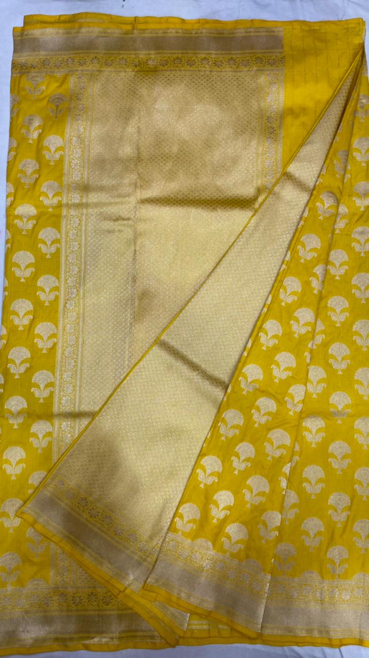 Gold Yellow Color Pure Katan By Katan Kadhwa Weaved Silk Saree With Meenakari Work