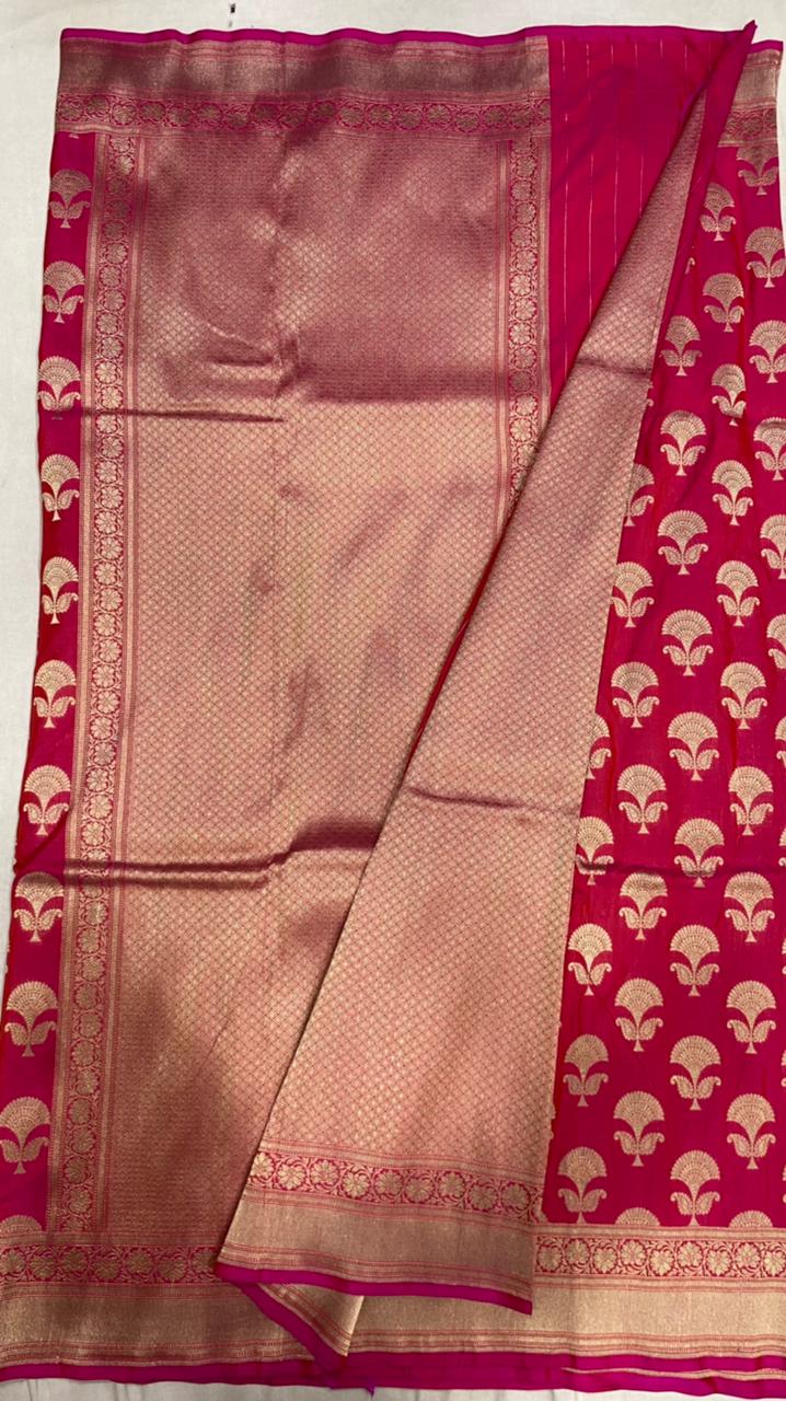 Orangish Pink Color Pure Katan By Katan Kadhwa Weaved Silk Saree With Meenakari Work