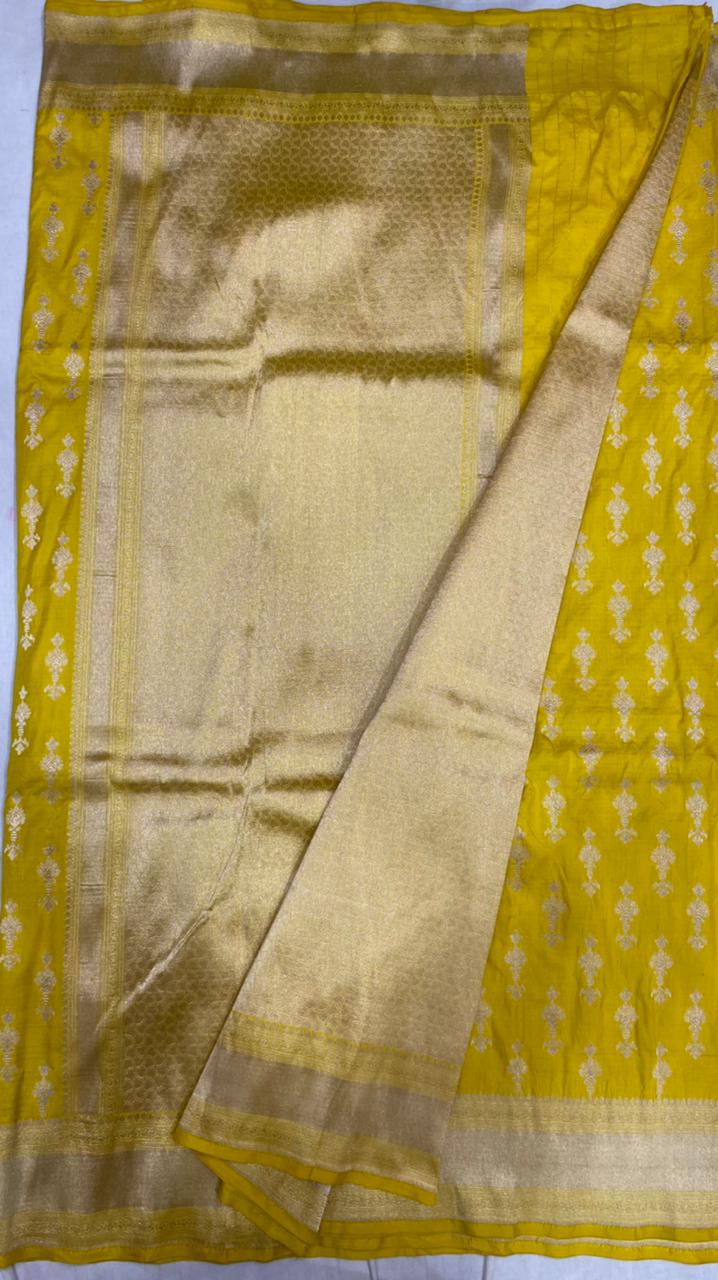 Gold Yellow Color Pure Katan By Katan Kadhwa Weaved Silk Saree With Meenakari Work
