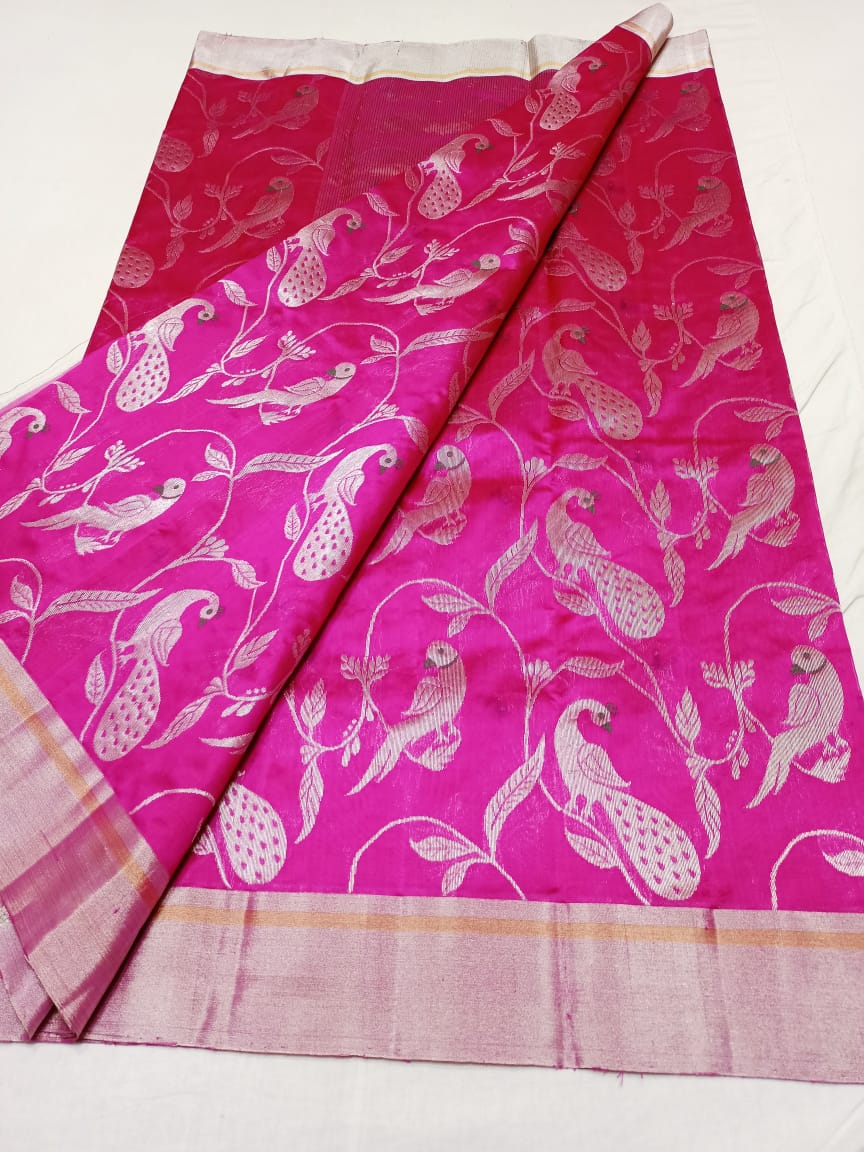 Pure Pattu Silk All Over Silver Zari Mina jaal Work saree .With Silver Zari Tissue Pallu