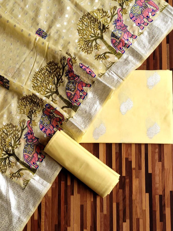 Pure Chanderi Banarasi Lorex Unstitched Suit With Lorex Tilfi Embroider Dupatta.