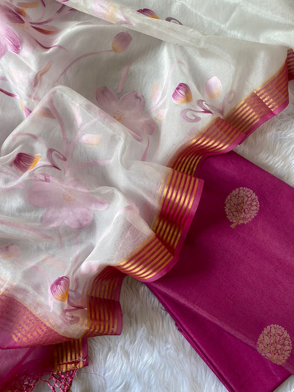 Pure Banarasi Resham Chanderi Silk Alfi Weaved Suit with Organza Zari Border handbrush print dupatta in raani color