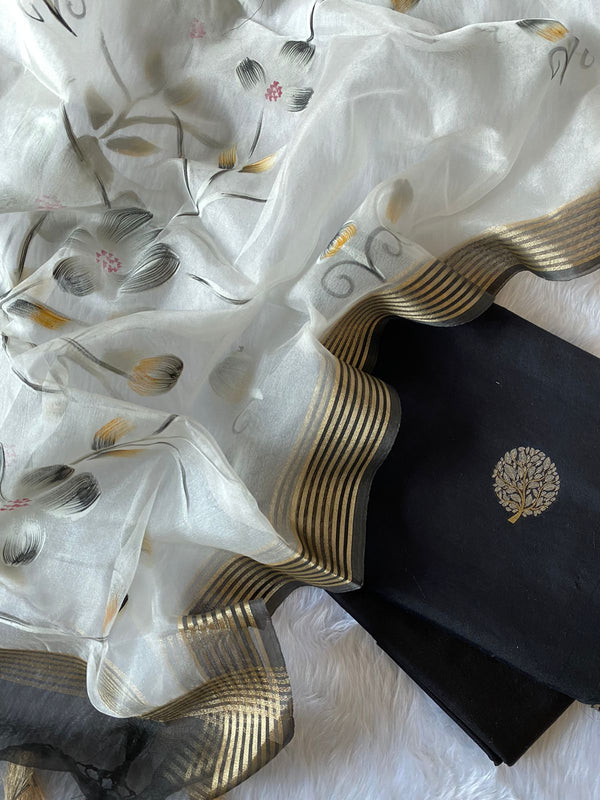 Pure Banarasi Resham Chanderi Silk Alfi Weaved Suit with Organza Zari Border handbrush print dupatta in black color