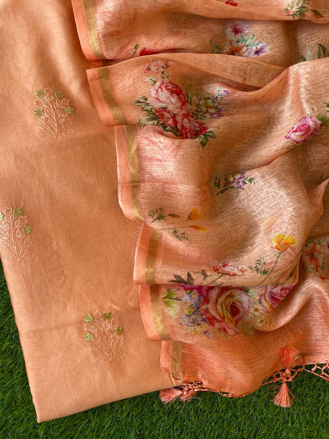 Pure Banarasi Chanderi Silk ReshamWeaved unstitched-Suit with Linen floral print dupatta hu