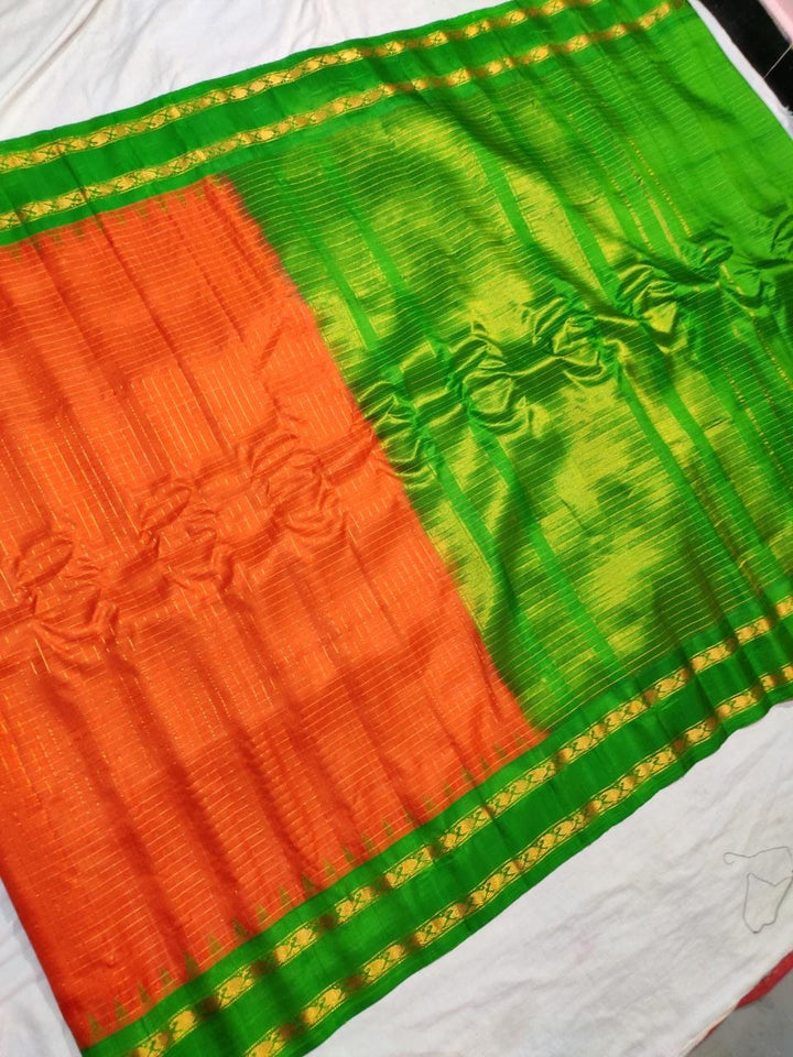 Orange Color Pure Gadwal Handloom Silk Saree With zari Work
