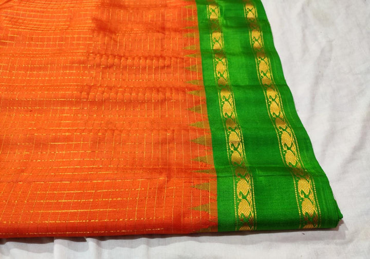 Orange Color Pure Gadwal Handloom Silk Saree With zari Work