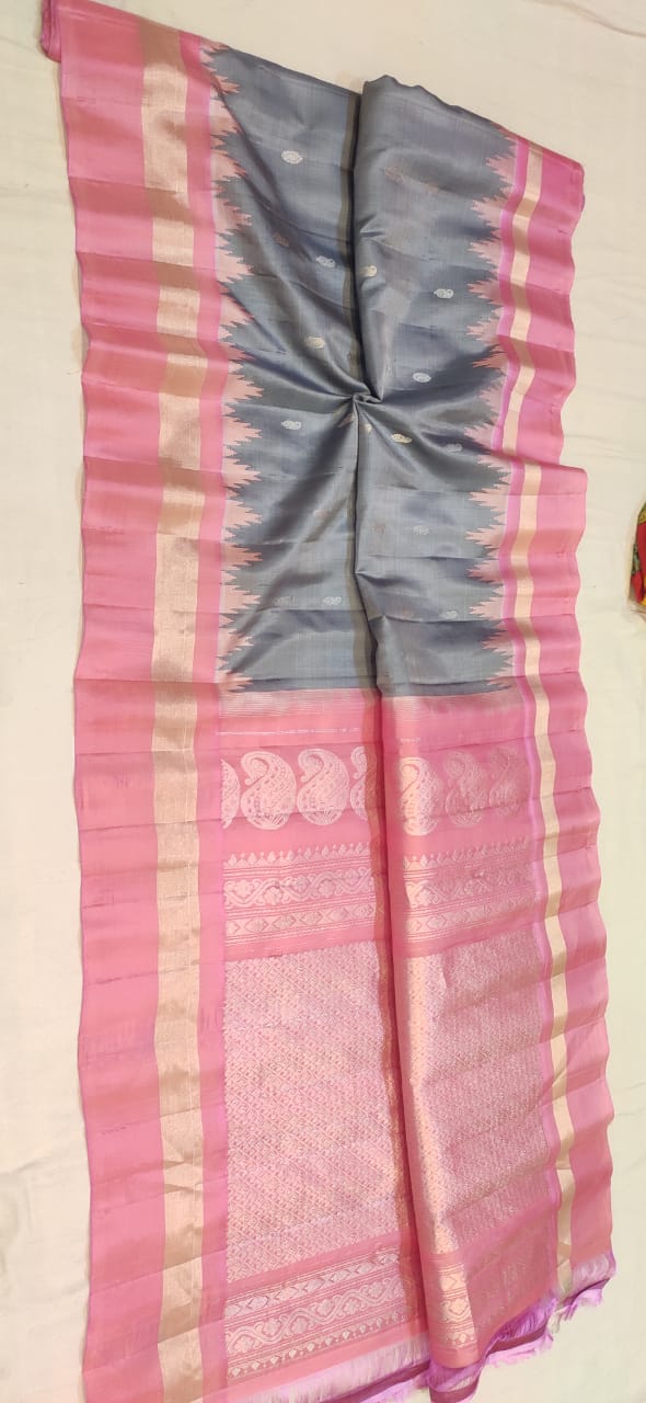 Grey Color Pure Gadwal Handloom Silk Saree With zari buti Work