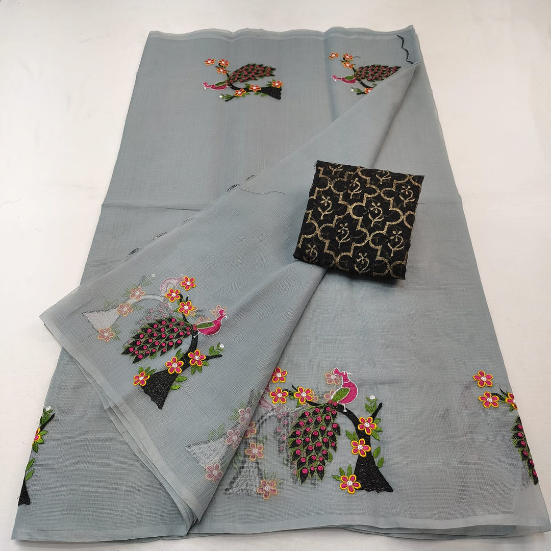 Pure Kota Doria  Embroidery Saree with Blouse .