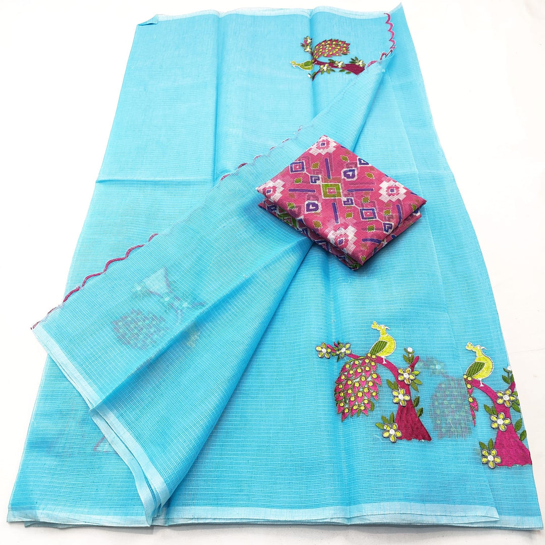 Pure Kota Doria  Embroidery Saree with Blouse .