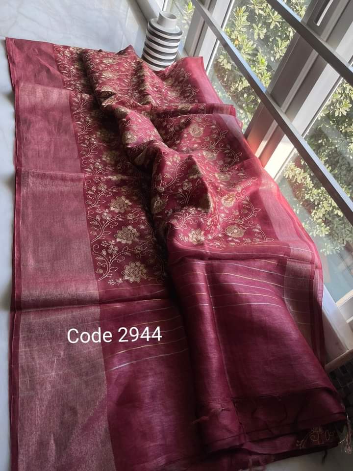 Pure Handwoven Silk By Linen Saree With Embroidery Work