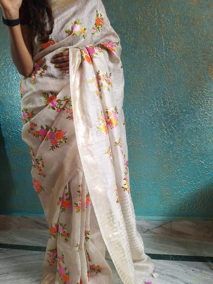 Pure Handwoven Silk By Linen Saree With Embroidery Work