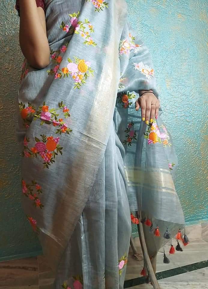 Pure Handwoven Silk By Linen Saree With Embroidery Work