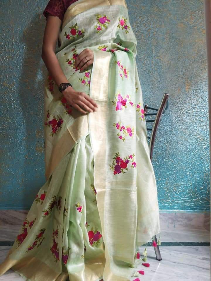 Pure Handwoven Silk By Linen Saree With Embroidery Work