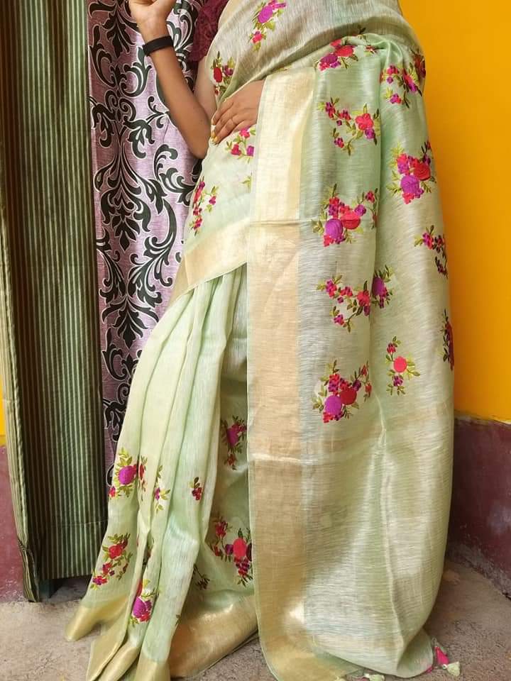 Pure Handwoven Silk By Linen Saree With Embroidery Work