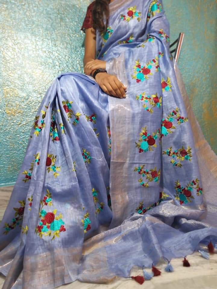 Pure Handwoven Silk By Linen Saree With Embroidery Work