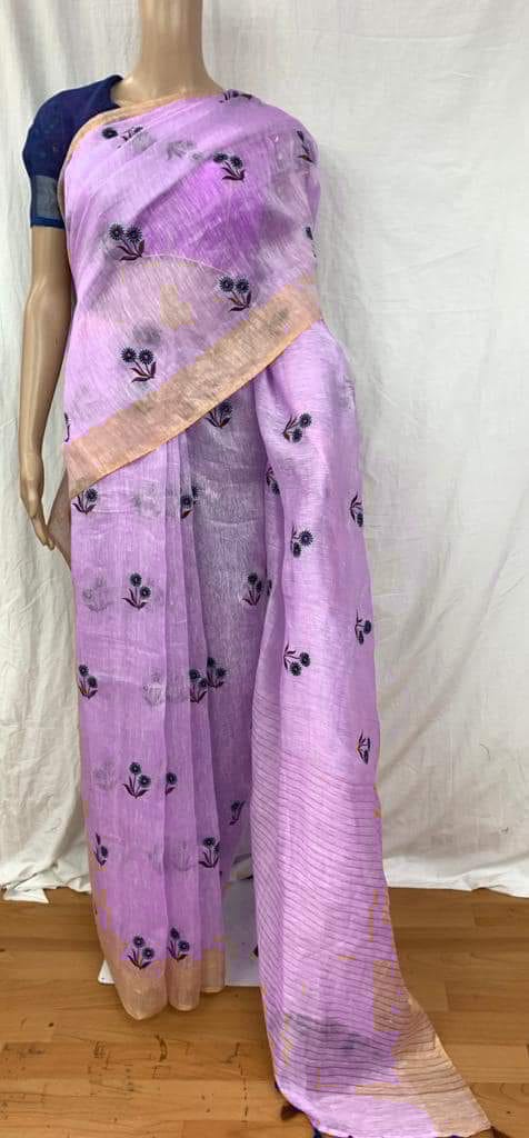 Pure Handwoven Silk By Linen Saree With Embroidery Work.