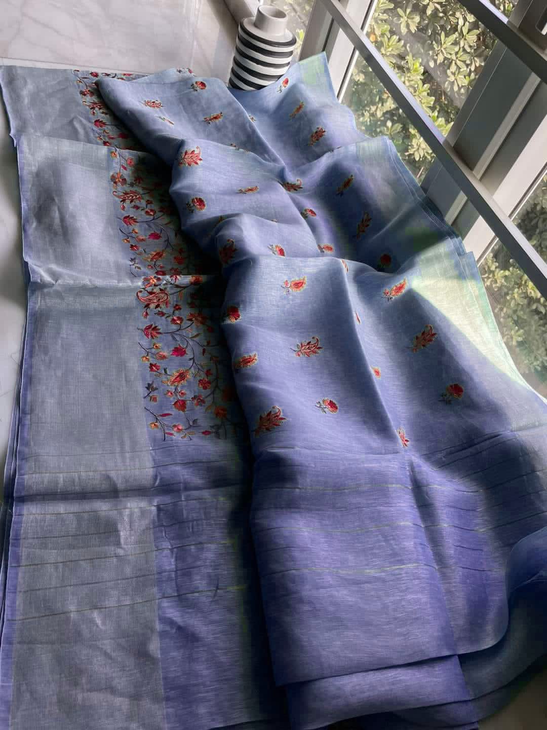 Pure Handwoven Silk By Linen Saree With Embroidery Work.