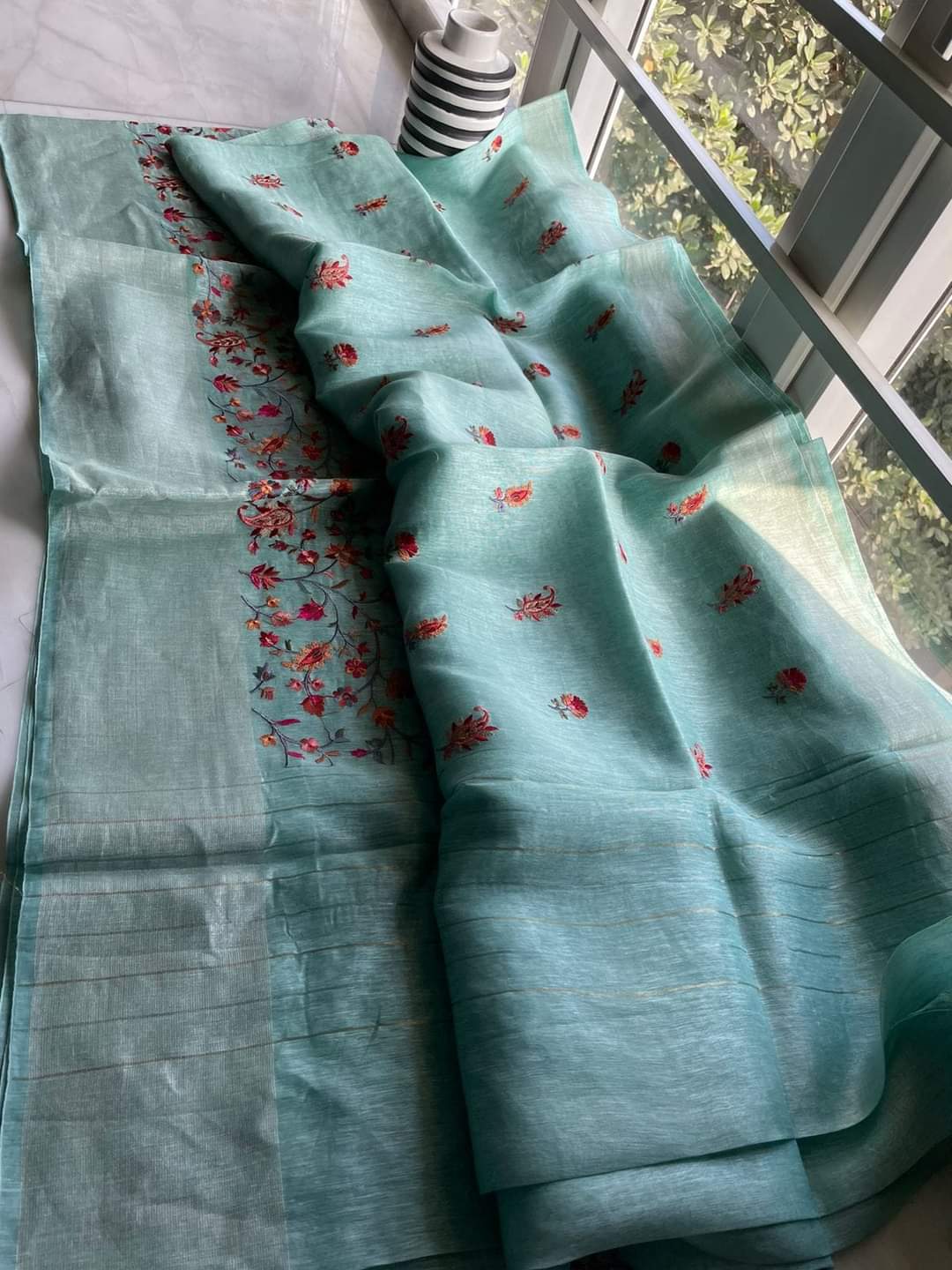 Pure Handwoven Silk By Linen Saree With Embroidery Work.