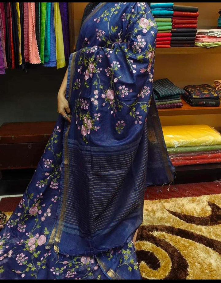 Pure Handwoven Silk By Linen Saree With Embroidery Work.