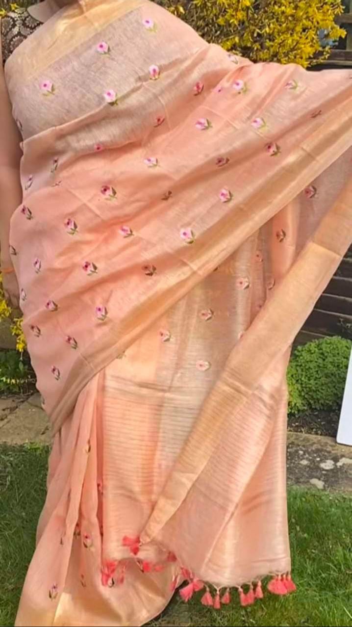 Pure Handwoven Silk By Linen Saree With Embroidery Work.