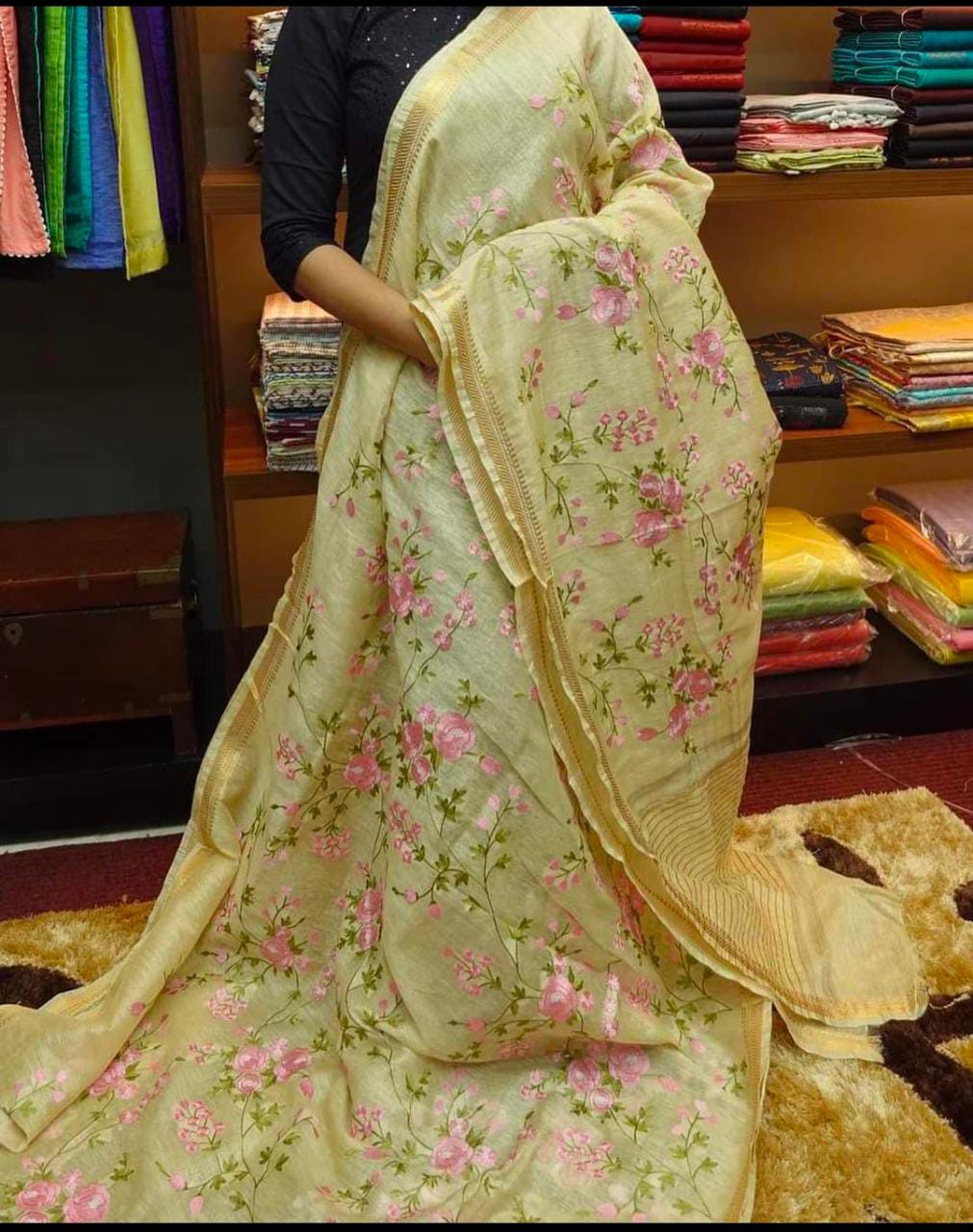 Pure Handwoven Silk By Linen Saree With Embroidery Work.