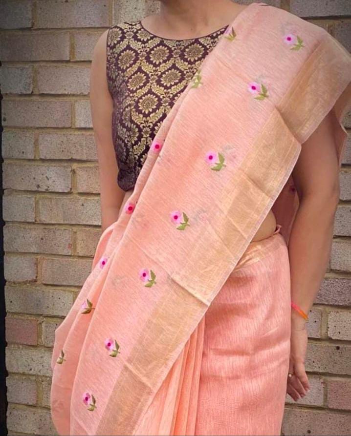 Pure Handwoven Silk By Linen Saree With Embroidery Work.