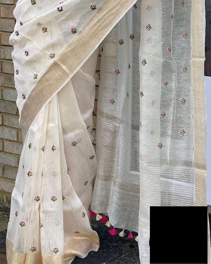 Pure Handwoven Silk By Linen Saree With Embroidery Work.