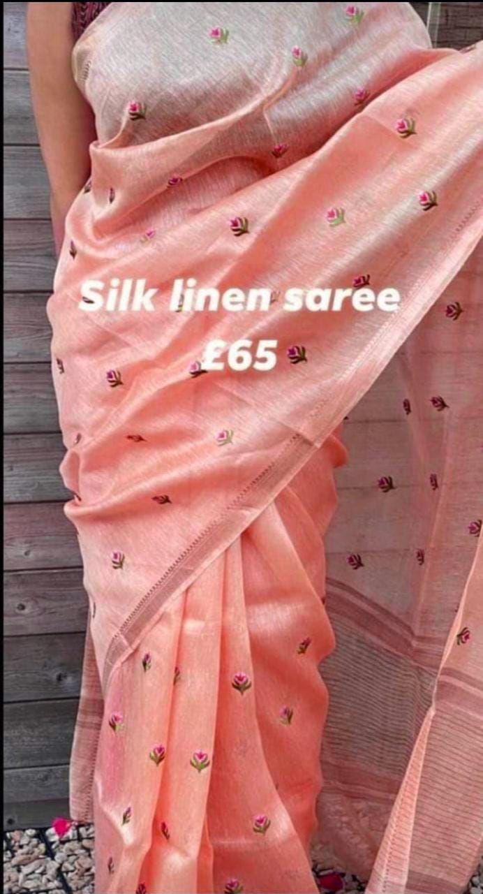 Pure Handwoven Silk By Linen Saree With Embroidery Work.