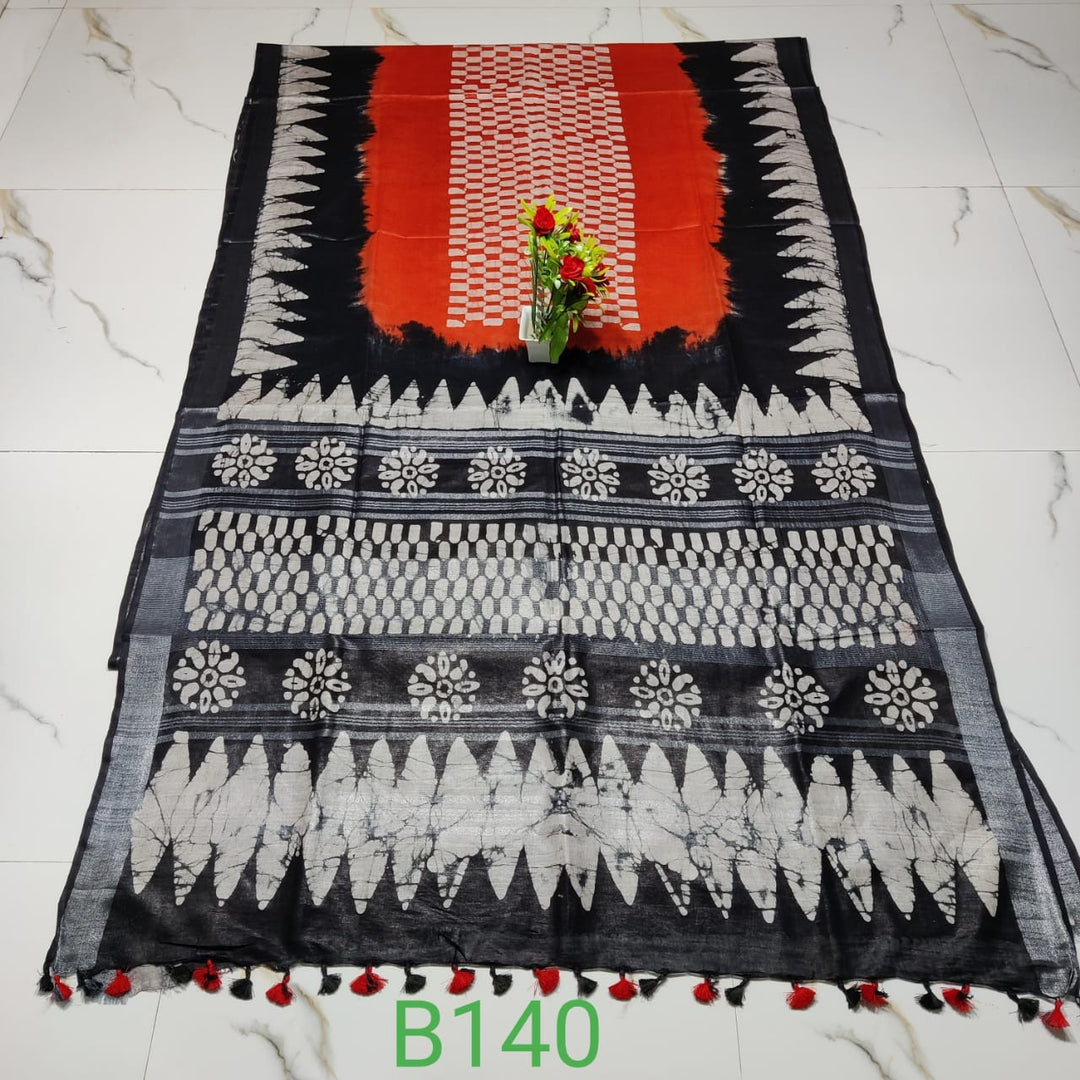 Pure Linen by Linen Hand Batik Print Handloom Saree With Blouse