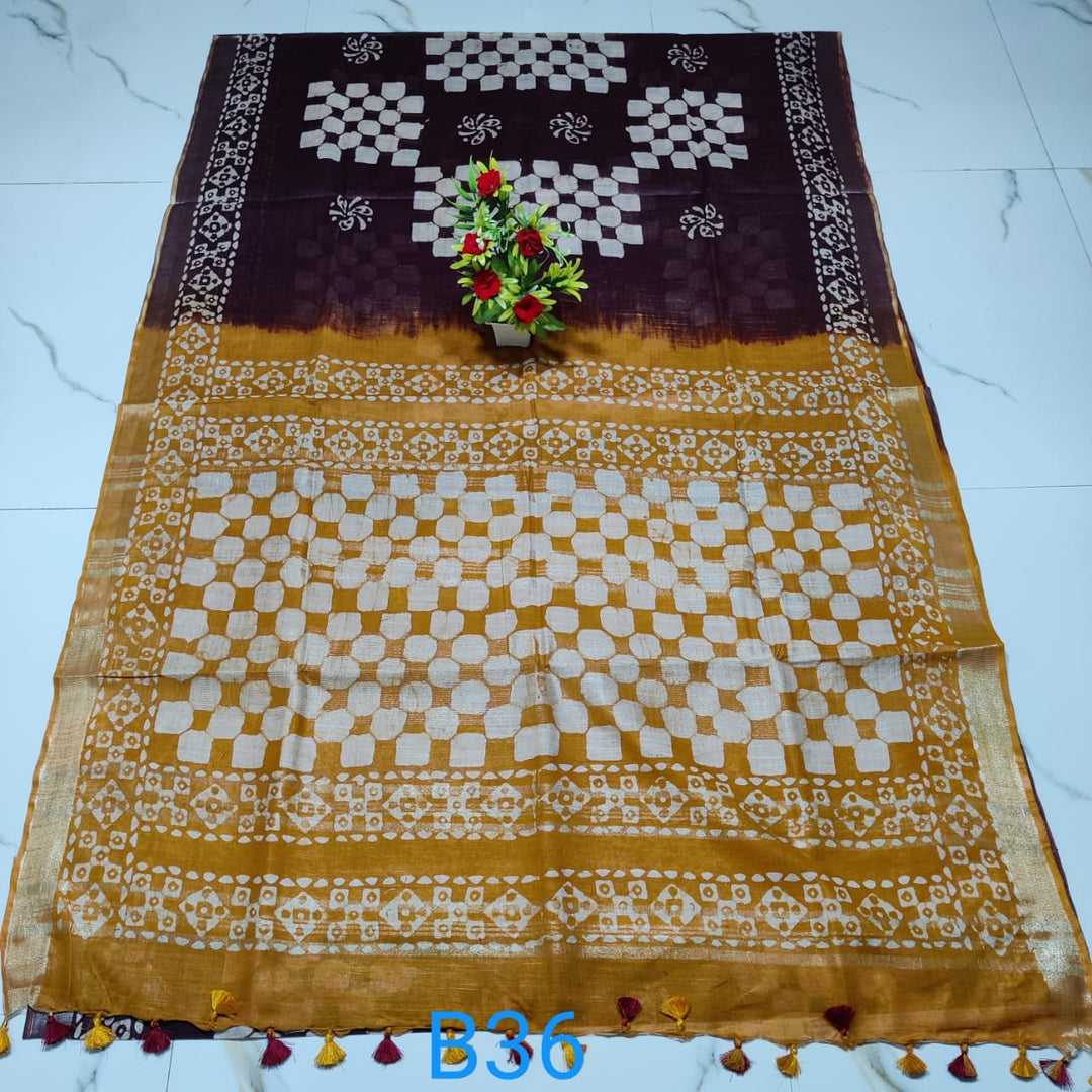 Pure Linen by Linen Hand Batik Print Handloom Saree With Blouse