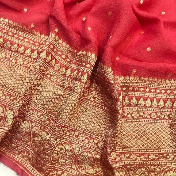 Pure Banarasi Khaddi Georgette Heavy  Border Weaved Saree . ( length- 6.3 meter )