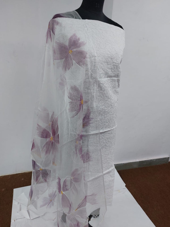 Pure Cotton Chikankari Work Unstitched Suit With Pichwai Print Organza Dupatta.( Without Bottom)