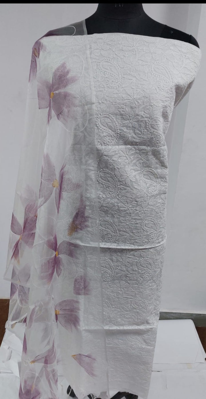 Pure Cotton Chikankari Work Unstitched Suit With Pichwai Print Organza Dupatta.( Without Bottom)