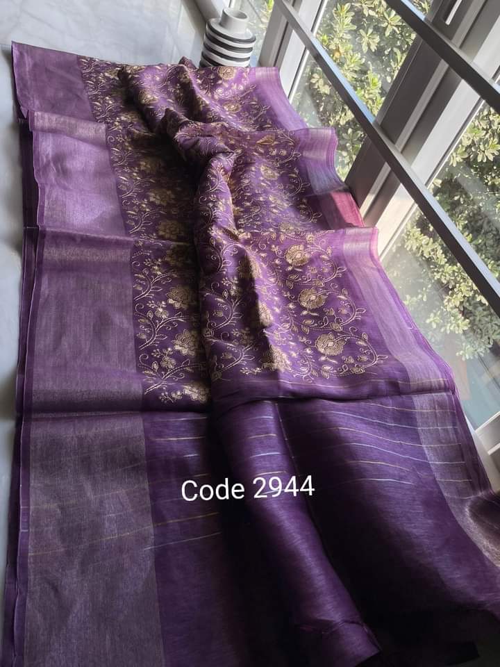 Pure Handwoven Silk By Linen Saree With Embroidery Work