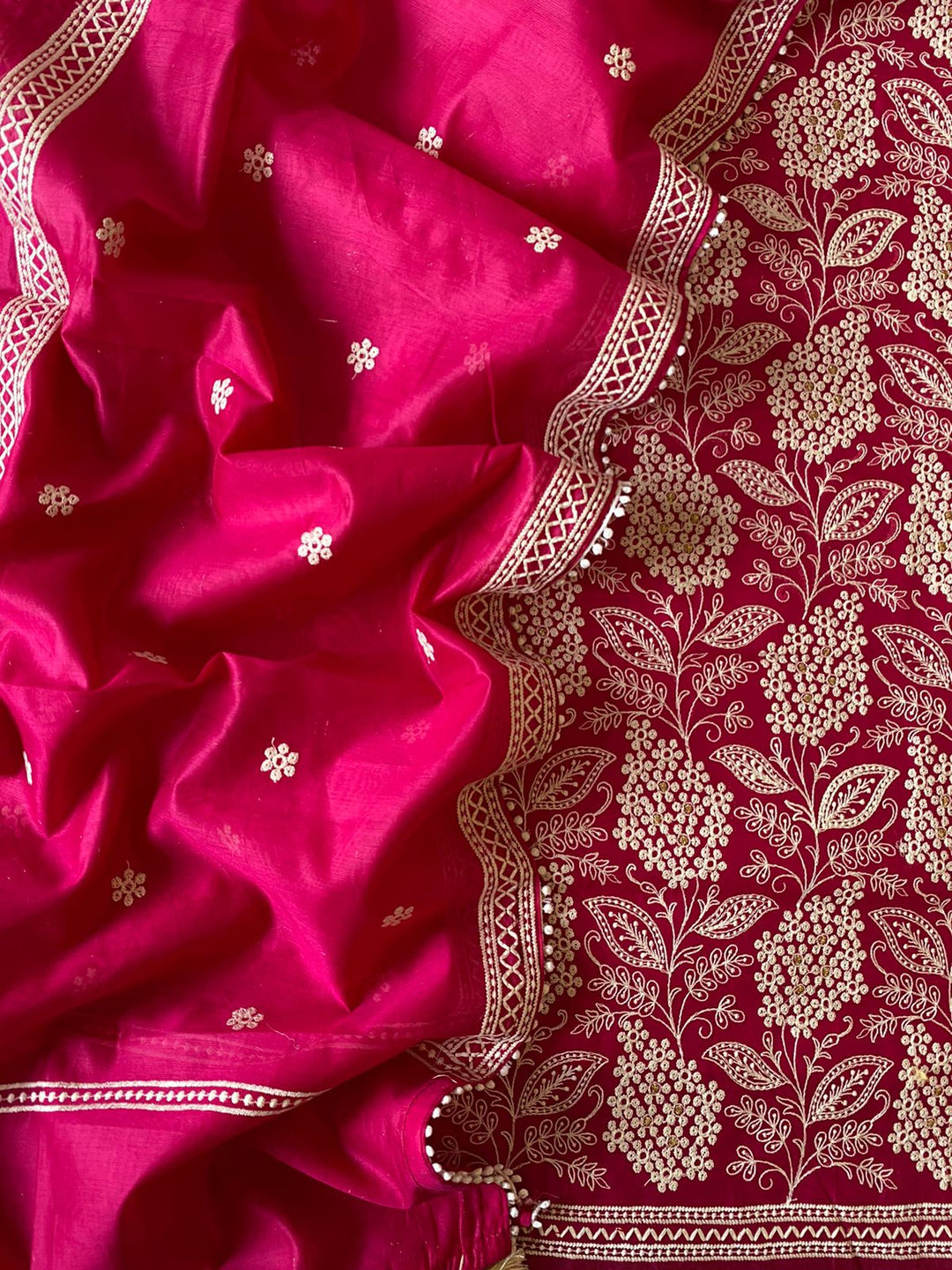 Pure Banarasi Rasham Chanderi Zari Buti Weaved Unstitched Suit With Pure Resham Chanderi Zari Weaved Dupatta.