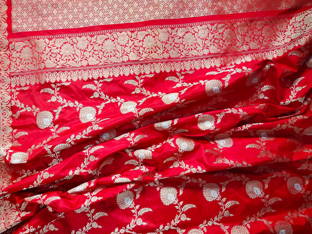 Red Color Pure Katan By Katan Kadhwa Weaved Silk Saree With Meenakari Work