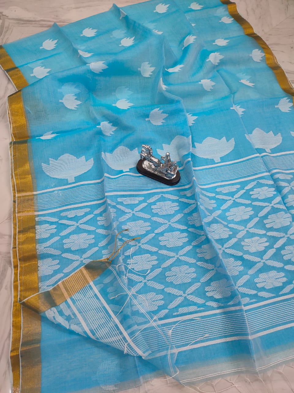 Sky- Blue Color Pure Muslin Jamdani Hand Weaved Soft Texture Saree With Blouse
