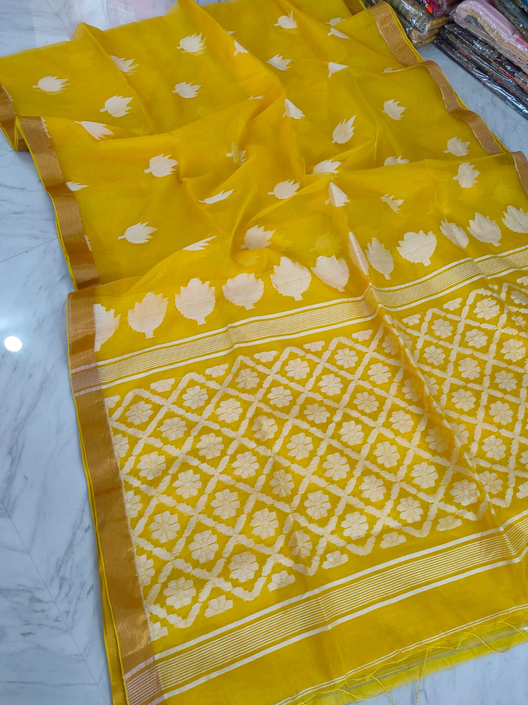 Mustard Color Pure Muslin Jamdani Hand Weaved Soft Texture Saree With Blouse