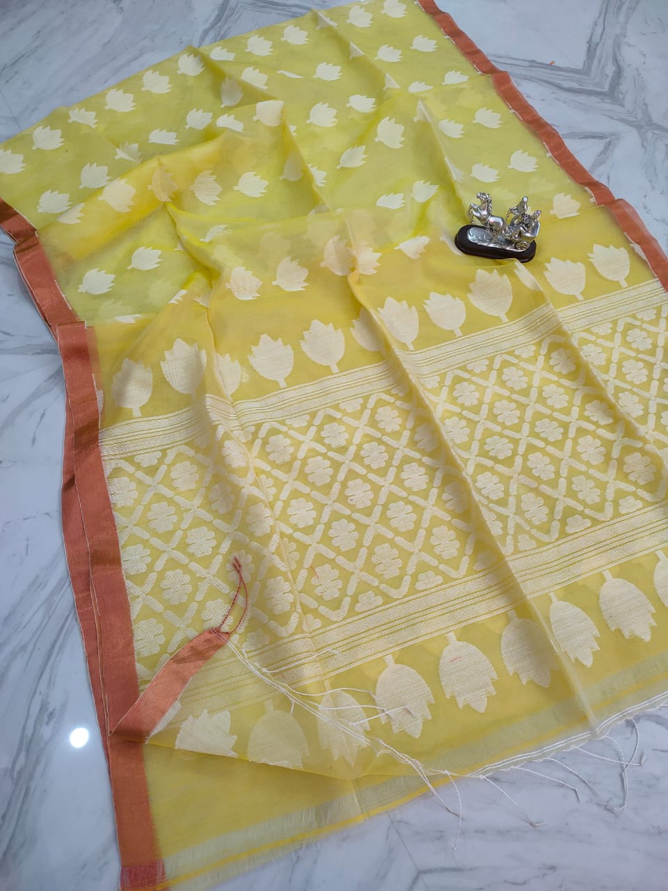 Yellow Color Pure Muslin Jamdani Hand Weaved Soft Texture Saree With Blouse