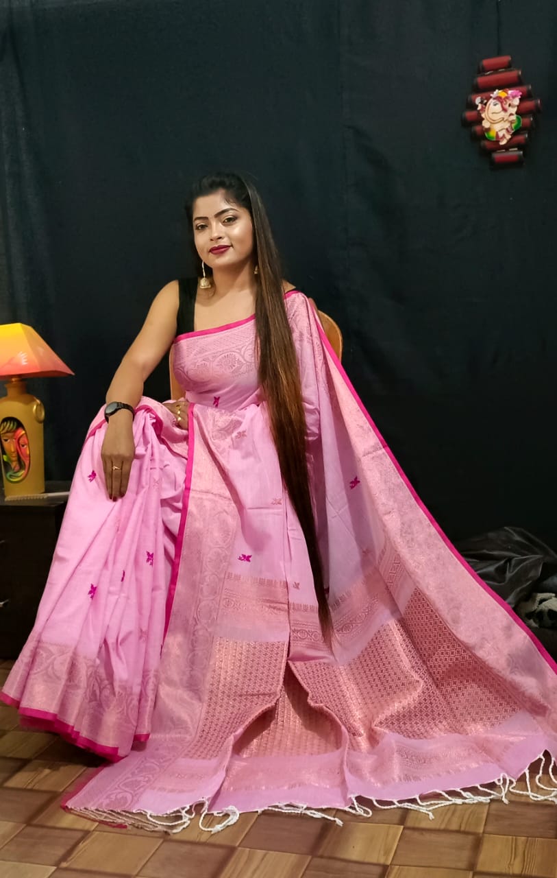 Pink Color Banarasi Cotton Silk Zari Pallu Saree With Running Blouse