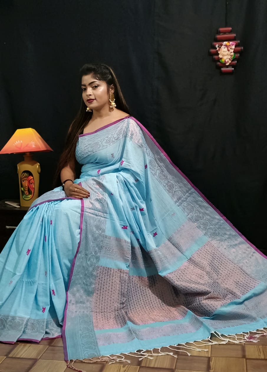 Turquoise Color Banarasi Cotton Silk Zari Pallu Saree With Running Blouse