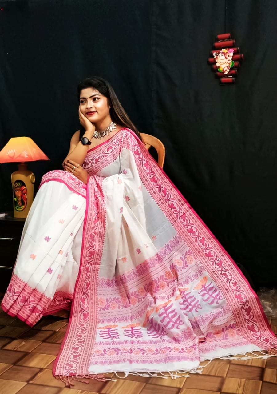 White Color Banarasi Cotton Silk Zari Pallu Saree With Running Blouse
