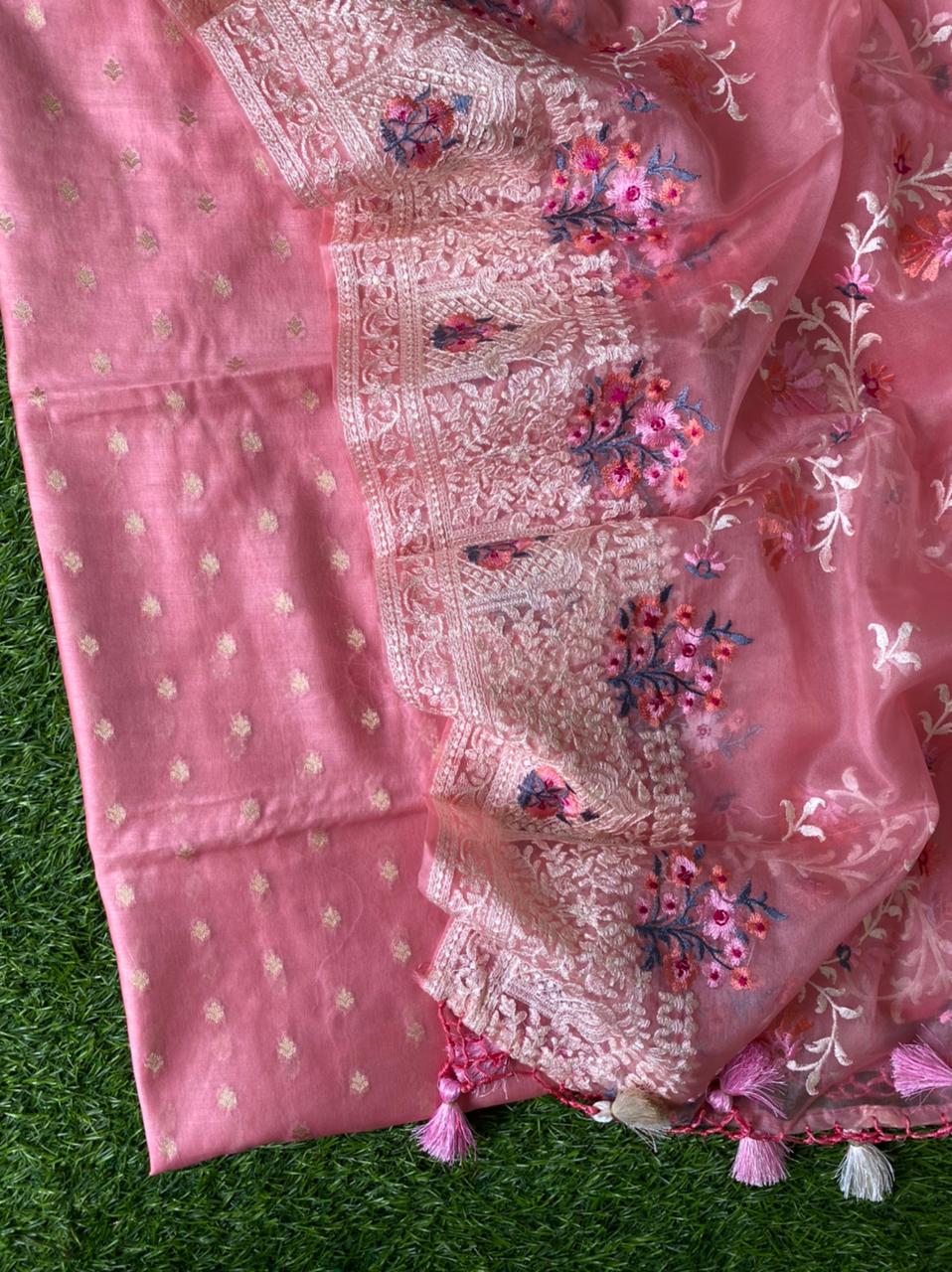 Pure Banarasi Chanderi Resham Weaved Unstitched Suit With Organza Silk Beautiful Multi Embroidery Dupatta